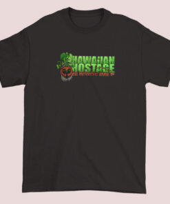 A unisex adult T-shirt featuring a tropical Hawaiian theme with imagery of a hostage scene, incorporating vibrant colors and island-inspired graphics