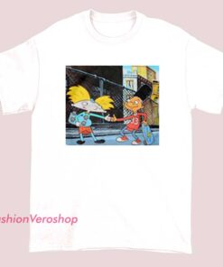 Hey Arnold handshake unisex adult t-shirt featuring iconic cartoon characters in a classic handshake scene, nostalgic 90s Nickelodeon graphic tee for men and women.