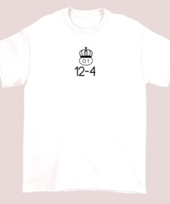 T-shirt featuring a design with a crown and the numbers '12 4', emphasizing a regal or symbolic graphic element