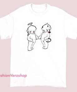 Unisex adult T-shirt featuring a graphic of a baby with angel wings and halo on one side, and devil horns and a mischievous expression on the other, symbolizing the duality of innocence and mischief.