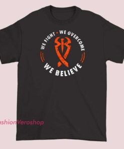 Unisex adult T-shirt featuring Roman Reigns with bold text 'We Fight, We Overcome, We Believe,' celebrating strength and resilience with a graphic of Roman Reigns' image