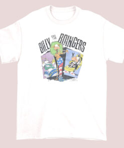 Design of a T-shirt featuring Billy and the Boingers, a fictional band, with colorful, playful artwork of musical instruments and band members, along with the band name in bold, stylized lettering