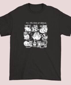 Unisex adult T-shirt featuring a design of various Greek cats, showcasing playful and artistic illustrations inspired by Greece