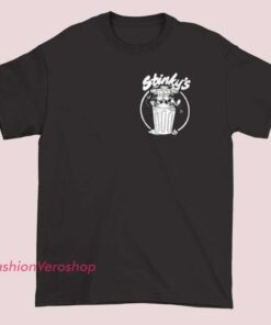 T-shirt featuring a humorous design related to Stinkys Waste Management, showcasing playful graphics and branding for fans of the joke