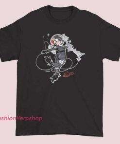 A cute, unisex adult T-shirt featuring a whimsical space-themed design with playful characters and cosmic elements, perfect for space lovers.