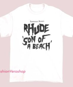 A vibrant t-shirt featuring a summer-themed design with roses and playful text that reads "Rhude Son of a Beach," perfect for casual summer wear and beach days.
