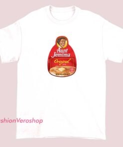 Aunt Jemima maple syrup logo unisex adult t-shirt featuring a retro-inspired graphic design, short sleeve cotton tee available in black, white, and other colors, perfect for vintage fashion lovers and nostalgic apparel collectors.