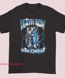 A Death Row Records airbrush T-shirt featuring iconic logo artwork with vibrant, detailed airbrush designs, capturing the classic hip-hop label's bold and rebellious style.