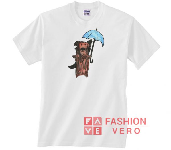 Whimsical Shaggy Dog with Blue Umbrella Unisex adult T shirt