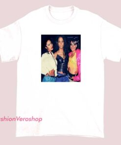 Unisex adult T-shirt featuring a graphic tribute to music icons Aaliyah, Selena, and Left Eye, showcasing their influential presence in a stylish design.