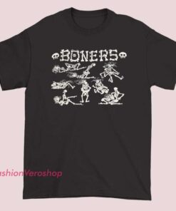 A humorous unisex T-shirt featuring a cartoon skeleton with playful and cheeky text related to "boners," designed to be fun and lighthearted.
