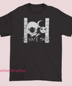 Graphic T-shirt featuring the phrase 'I hate sex' alongside artistic moon illustrations