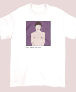 Black t-shirt featuring a graphic of Louis Theroux with humorous or exaggerated text, including playful or provocative imagery related to the personality