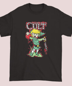 Unisex adult T-shirt featuring a playful design of a cupcake with elements inspired by The Legend of Zelda, incorporating bright colors and whimsical graphics related to both cupcake cult and Zelda themes