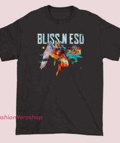 A galaxy-themed Bliss N Eso merchandise T-shirt featuring cosmic artwork and band branding, designed for fans to showcase their support in a vibrant, space-inspired style.