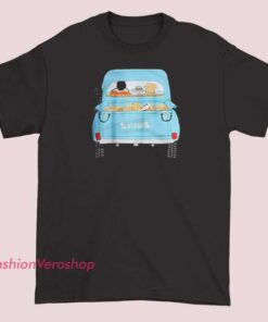 Casual T-shirt featuring a design that combines trout fishing and coffee themes, with illustrative graphics of a trout and a coffee