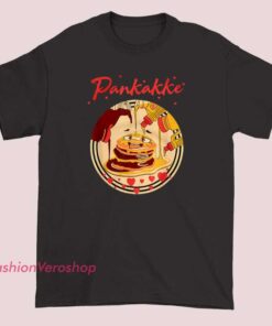 Fun and playful pancake-themed shirt featuring a cartoon-style illustration of a stack of pancakes with syrup and butter.