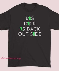 A bold t-shirt design with the phrase "Big Dick is Back Outside" displayed prominently, featuring eye-catching typography and graphic elements for a humorous or attention-grabbing effect.