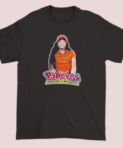 T-shirt featuring an image or graphic of Jayla Foxx dressed as a Popeyes employee, inspired by a movie scene or parody