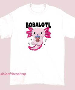 A cute kawaii-style axolotl character drinking boba tea, featured on a shirt design with the text "BobaLotl."