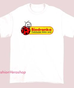 A humorous t-shirt featuring Biedronka's logo, showcasing a playful twist on the recognizable red ladybird emblem with funny text or design elements.