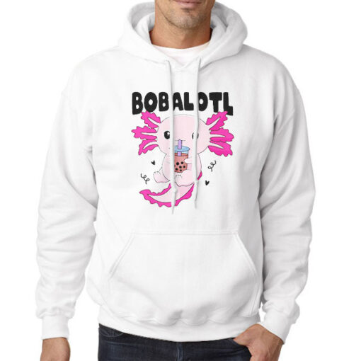 Hoodie White Bobalotl Kawaii Axolotl Drinking Boba