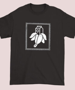 Close-up Milky Banana Dakblake graphic print on black t-shirt