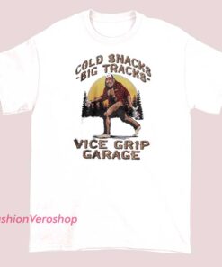 Vice Grip Garage branded T-shirt with graphics of cold snacks and large vehicle tracks, highlighting automotive and casual streetwear style