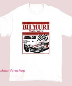 A Bilmuri merchandise t-shirt featuring the "Motorways All Gas" design, showcasing bold text and graphic elements related to the band.