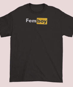 Black unisex t-shirt with humorous text related to femboy culture, featuring playful and funny graphic design elements