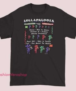 Unisex adult T-shirt featuring the Lollapalooza 1993 lineup with Alice in Chains logo, showcasing a grunge-inspired design celebrating the iconic music festival and band