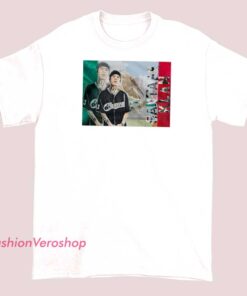 Red T-shirt featuring the Santa Fe Klan logo and design elements, representing the popular Mexican rapper and music group with bold graphics and text