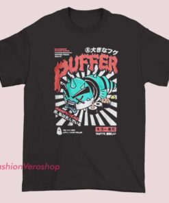 A merchandise t-shirt featuring a graphic of a large puffer ghost with the words "Big Puffer Ghost Roll," designed to showcase a fun and playful theme.