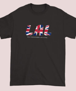 Casual T-shirt featuring Moe Sargi-themed design with the UK flag in the background, showcasing a stylish and patriotic graphic inspired by Moe Sargi's merch