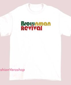 Brown T-shirt featuring a design related to Revival Brownman, showcasing bold graphics or text that represents the Revival Brownman theme or brand.