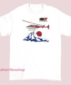 Casual T-shirt featuring a graphic of Napoleon Dynamite with a helicopter and 'Air Service International' text, inspired by the movie, in a humorous and vintage style