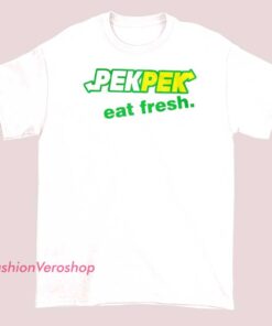 Unisex casual T-shirt featuring a humorous logo design with the text 'Pek Pek Eat Fresh,' showcasing a playful and fun graphic style