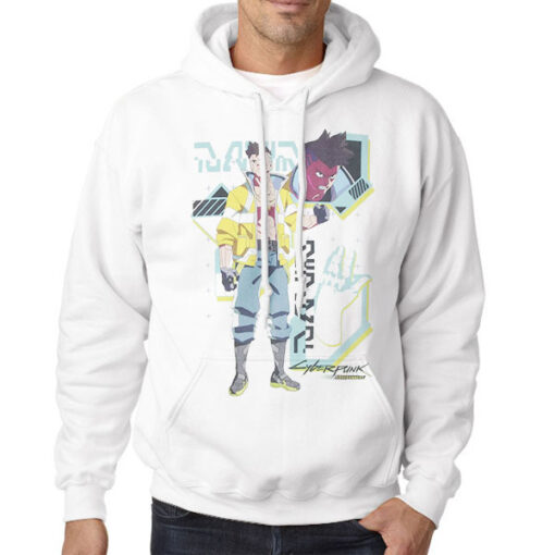 Hoodie White David Posing Cyberpunk Edgerunner Logo