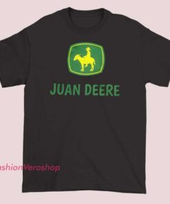 Humorous T-shirt logo featuring a cartoon horse riding a John Deere tractor, with playful and funny design elements