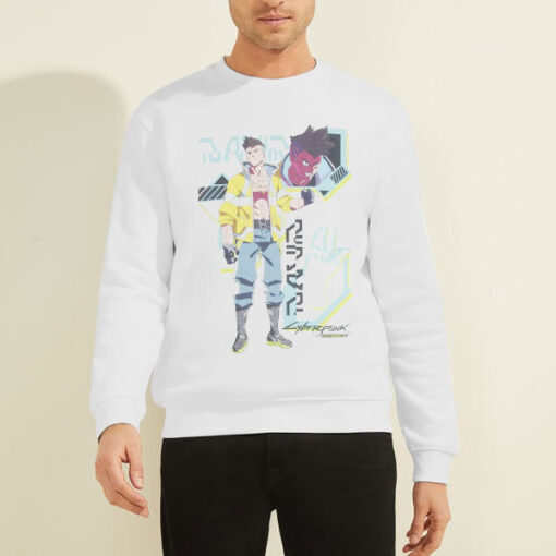 Sweatshirt White David Posing Cyberpunk Edgerunner Logo