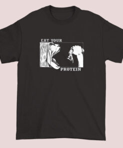 Line art T-shirt with the phrase 'Eat Your Protein' and an illustration of a muscular arm flexing, inspired by Attack on Titan (AOT) theme