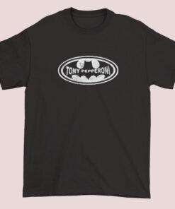 A vintage-style T-shirt featuring a logo of Tony Pepperoni dressed as Batman, with retro graphics and bold lettering