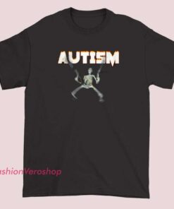 A bold graphic design of an autism fire skeleton blur holding a gun meme shirt, featuring a fiery skeleton artwork with blurred flame effects, symbolizing edgy streetwear style and viral meme culture.