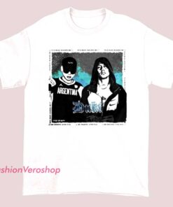 A vintage-style Bizarrap session T-shirt featuring artwork of Duki, showcasing bold graphics and branding related to the collaboration.
