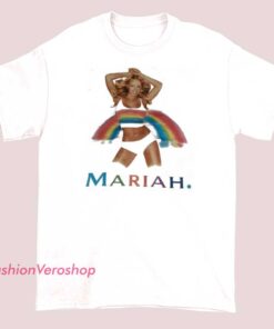 Humorous T-shirt featuring a colorful rainbow design with images or references related to Mariah Carey and Zohan, combining pop culture elements with a playful style