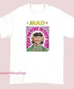 Vintage retro-style T-shirt featuring Alfred E. Neuman, the iconic Mad Magazine mascot, with a classic cartoon image and bold, nostalgic design.