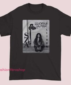 A shirt featuring a portrait of SZA and Kendrick Lamar, inspired by their album artwork, with artistic illustrations capturing their likenesses and a stylish, music-inspired design.