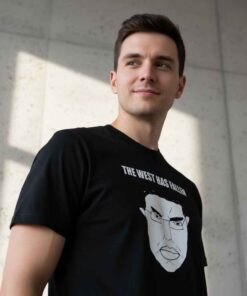 Funny Meme The West Has Fallen Wojak Shirt featuring classic Wojak character with ironic text, satirical internet meme t-shirt, dark humor graphic tee, viral meme apparel for edgy humor fans.