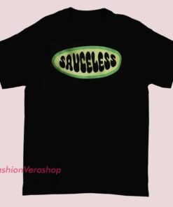Amelia Dimoldenberg Sauceless Shirt featuring bold graphic text inspired by Chicken Shop Date, funny UK YouTube host merch tee, unisex streetwear cotton t-shirt for fans of Amelia Dimoldenberg style.