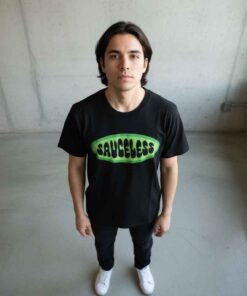 Amelia Dimoldenberg Merch Sauceless Shirt 6 Amelia Dimoldenberg Sauceless Shirt featuring bold graphic text inspired by Chicken Shop Date, funny UK YouTube host merch tee, unisex streetwear cotton t-shirt for fans of Amelia Dimoldenberg style.